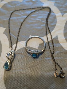 sterling silver necklace and ring with aquamarine blue gem